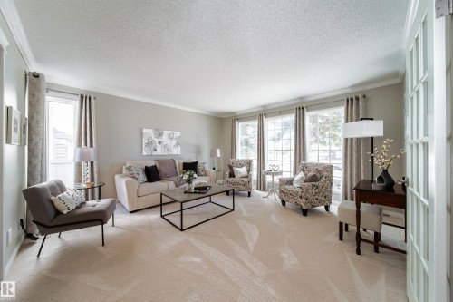 Spacious living area featuring light-colored wall paint, white crown molding, and plush carpeting - 716 Hendra Crescent Nw, Edmonton, AB - Indoor Photo Showing Living Room