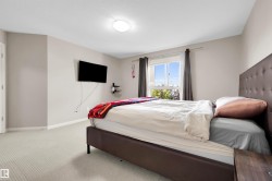 Wall-mounted television with shelving, light-colored carpet, and a window with a curtain rod - 