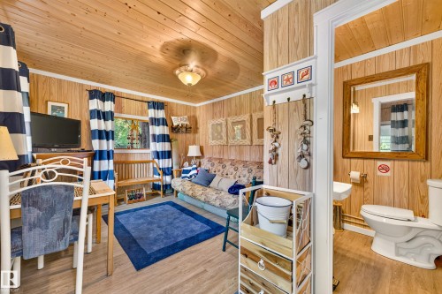 Wood-panel walls and ceiling with a flush-mount light fixture - 51 Itaska Beach, Rural Leduc County, AB 