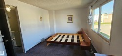Carpeted room with white walls, a large window, and a wood-finish door frame - 