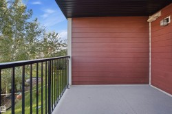Outdoor balcony with a smooth concrete surface, dark metal railing, and red horizontal siding - 