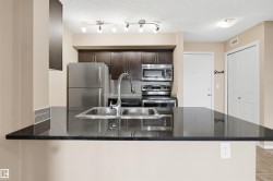 Kitchen featuring a double basin stainless steel sink, dark cabinetry, and stainless steel appliances - 