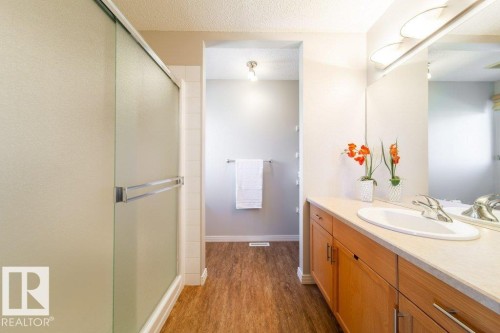 Wood-finish flooring, a vanity with under-sink storage, an integrated sink, a mirrored wall, and a frosted glass shower enclosure - 16120 138 Street Nw, Edmonton, AB 