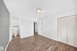 Wood-finish flooring with white walls and a contrasting gray accent wall - 