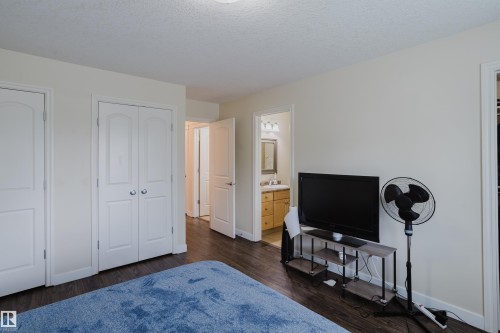 Dark wood-finish flooring, white painted walls, and white paneled doors - 10332 161 Street Nw, Edmonton, AB 