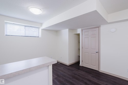 Recessed window with horizontal blinds, overhead flush mount lighting, built-in shelving, paneled interior door, and wood-finish flooring - 10334 161 Street Nw, Edmonton, AB 