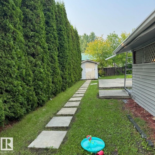 Expansive lawn area featuring a long row of mature evergreens, a stepping stone pathway, and a detached storage shed - 8 The Parkway Northwest, Edmonton, AB - Outdoor