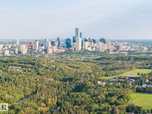 Urban skyline featuring high-rise buildings and surrounding green space with mature trees - 8952 81 Avenue Nw, Edmonton, AB 