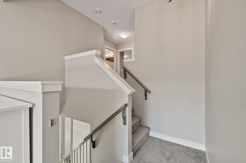Carpeted staircase with wood handrails, painted risers, and white trim - 2096 Redtail Common Nw, Edmonton, AB 