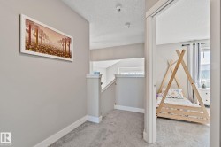 Neutral wall paint, carpeted flooring, white trim, and a clear architectural opening - 