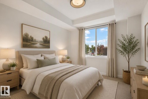 Recessed ceiling with central flush mount lighting, a large window with roller shades, and light-toned carpeting - #58 16231 19 Av Sw, Edmonton, AB 