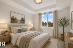 Recessed ceiling with central flush mount lighting, a large window with roller shades, and light-toned carpeting - 