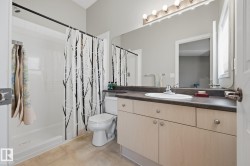 Single-basin vanity with ample counter space, integrated mirror, and overhead lighting - 