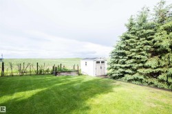Expansive lawn area featuring an outdoor storage shed with a dark roof and dual doors - 