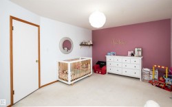 Room featuring a burgundy accent wall, white painted walls, and light-toned carpeting - 