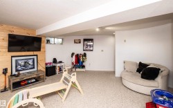 Lower level living area with neutral carpeting, recessed ceiling lighting, and a wood-panel accent wall - 