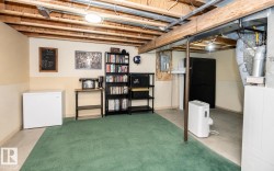 Finished basement area featuring exposed ceiling joists, light-colored walls with a contrasting lower section, and a partial green carpet covering a concrete floor - 