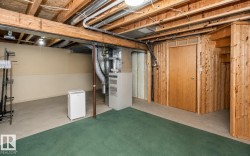 Basement area featuring exposed wood ceiling joists and support beams, a partial green carpeted floor, light beige painted walls, and natural wood paneling - 