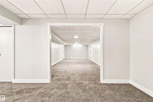 Finished lower level with neutral carpeting and a drop ceiling - 14307 50 Avenue Nw, Edmonton, AB 