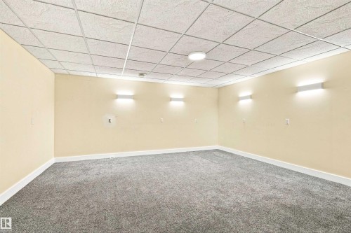 Recessed panel ceiling, neutral wall paint, wall-mounted sconce lighting, flush-mount ceiling light, and gray carpeting - 14307 50 Avenue Nw, Edmonton, AB 