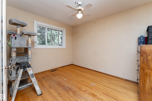 Wood-finish flooring, single window, white ceiling fan with integrated lighting, and neutral wall tones - 14906 76 Avenue Nw, Edmonton, AB 