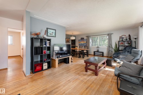Wood-finish flooring throughout, light blue accent wall, and a large window with natural light - 14906 76 Avenue Nw, Edmonton, AB 