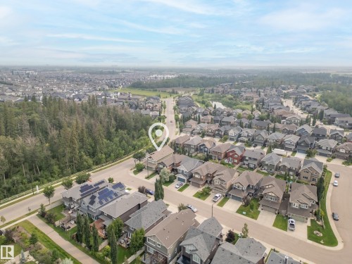 Aerial overview of a residential area featuring numerous detached homes with varied architectural styles, mature landscaping, and an extensive tree line bordering the neighborhood - 5966 Edmonds Crescent Nw, Edmonton, AB - Outdoor With View