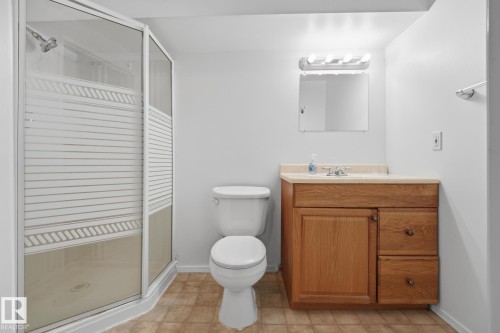 Shower enclosure with frosted panels, white toilet, single vanity with wood-finish cabinetry, light-colored countertop, and a vanity mirror with overhead lighting - 13304 63 Street Nw, Edmonton, AB 
