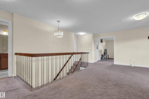 Upper-level landing featuring brown carpeting and a wood-finish handrail with vertical metal balusters - 3071 Carpenter Landing Sw, Edmonton, AB 