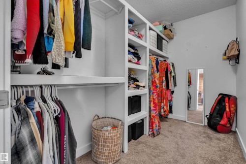 Walk-in closet featuring built-in shelving, multiple hanging rods, wall-mounted mirror, and neutral carpet flooring - 3071 Carpenter Landing Sw, Edmonton, AB 