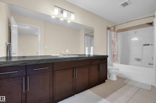 Bathroom featuring an extended dark wood-finish vanity with dual sinks, a large mirror, and overhead lighting - 3071 Carpenter Landing Sw, Edmonton, AB 
