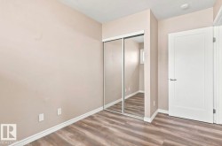 Wood-finish flooring, mirrored closet doors, and a white panel door with modern hardware - 
