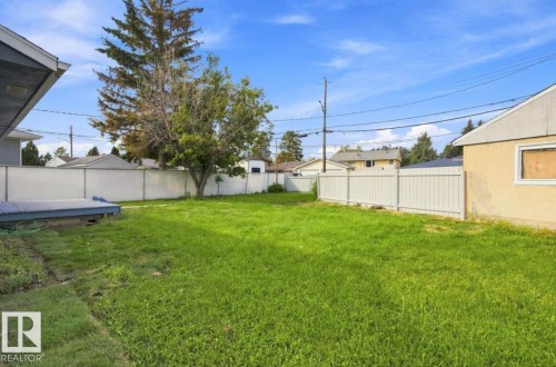 Expansive grass yard with a perimeter fence, mature tree, and elevated deck - 15812 110A Avenue Nw, Edmonton, AB 