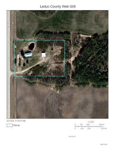 Geographic Information System (GIS) Map. Displaying an aerial view of the property and its boundary - 48409 Rge Rd 233, Rural Leduc County, AB 
