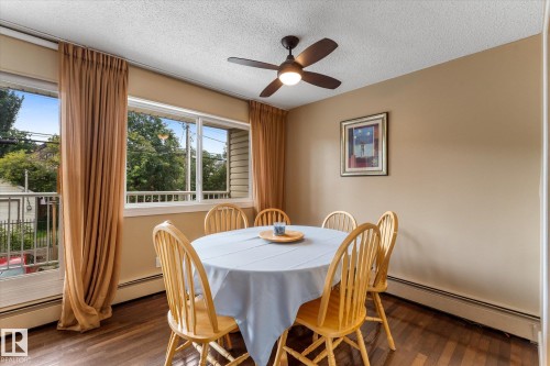 Rich wood-finish flooring, a ceiling fan with integrated lighting, and multiple windows with exterior scenery - #205 8125 110 St Nw, Edmonton, AB 
