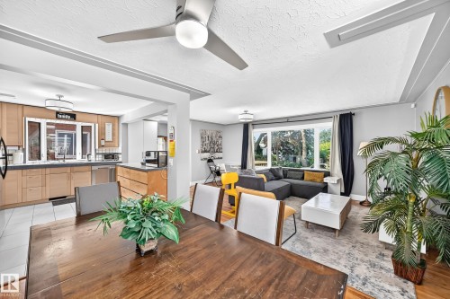 Open-concept living space featuring wood-finish flooring, a kitchen with light wood-tone cabinetry, a dining area with a wood-finish table, and a living area with a large picture window - 10139 74 Street Nw, Edmonton, AB 