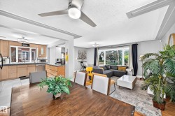 Open-concept living space featuring wood-finish flooring, a kitchen with light wood-tone cabinetry, a dining area with a wood-finish table, and a living area with a large picture window - 