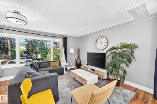 Hardwood flooring, crown molding, large window, tray ceiling, and a modern ceiling fixture - 10139 74 Street Nw, Edmonton, AB 