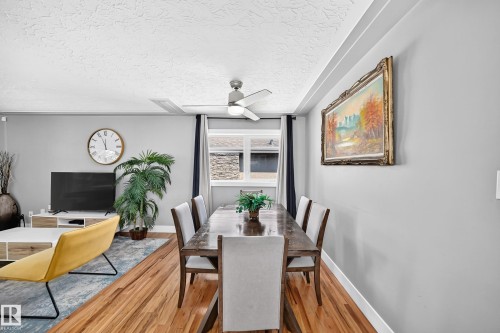 Wood-finish flooring throughout, light gray wall finishes, and a ceiling fan with integrated lighting - 10139 74 Street Nw, Edmonton, AB 