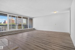 Expansive wood-finish flooring, white walls, and a built-in flush-mount ceiling light - 