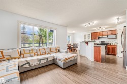 Open-concept living space featuring wood-finish flooring, a large window, a kitchen island, and track lighting fixtures - 