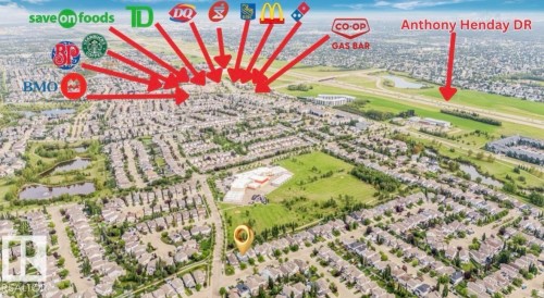 Aerial Location Map. Identifying the property's position relative to commercial establishments and a major thoroughfare - 20324 48 Avenue Nw, Edmonton, AB 