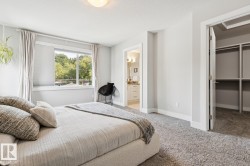 Plush carpet flooring, recessed window, built-in shelving in closet, light gray wall paint, and overhead flush-mount lighting - 