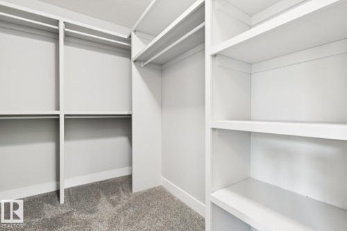 Built-in white shelving, multiple hanging rods, and light gray carpeting - 9919 79 Street Nw, Edmonton, AB 