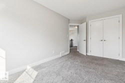 Plush gray carpeting, white trim, and a white interior door with brushed nickel hardware - 