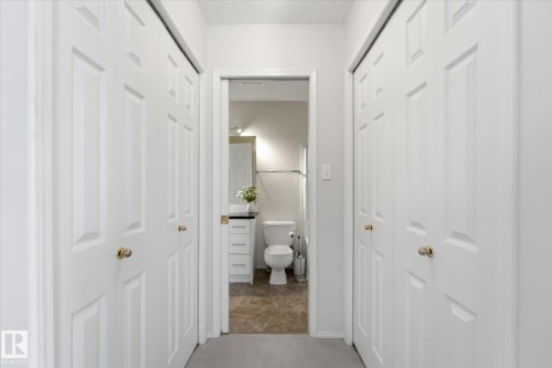 Hallway with carpet flooring, white paneled doors, and brass hardware - 1709 Turvey Bend Bend Nw, Edmonton, AB 