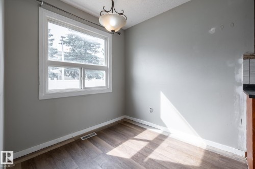 Window with white trim, wood-finish flooring, and a ceiling-mounted light fixture - 54 Lakewood Village Nw, Edmonton, AB 
