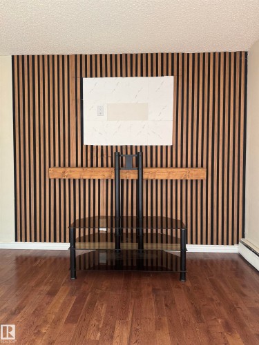 Accent wall featuring vertical wood paneling and a central light-colored slab surround - #205 10140 151 St Nw, Edmonton, AB - Indoor