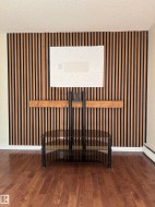 Accent wall featuring vertical wood paneling and a central light-colored slab surround - 