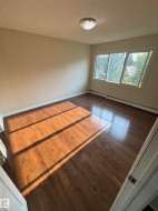 Rich wood-finish flooring complemented by a three-pane window unit and a ceiling-mounted flush light fixture - 